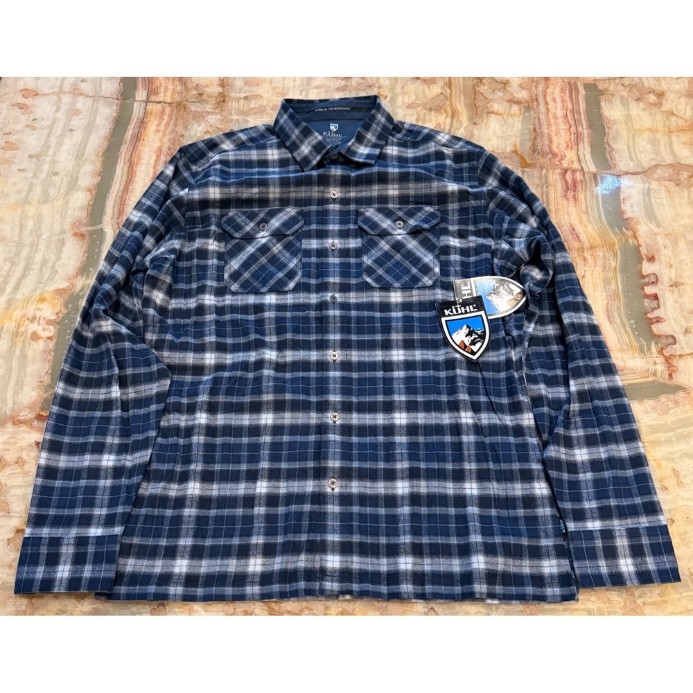 Kuhl Mens Dillingr Flannel Button-Up Shirt Navy Blue Plaid Long Sleeve Size M